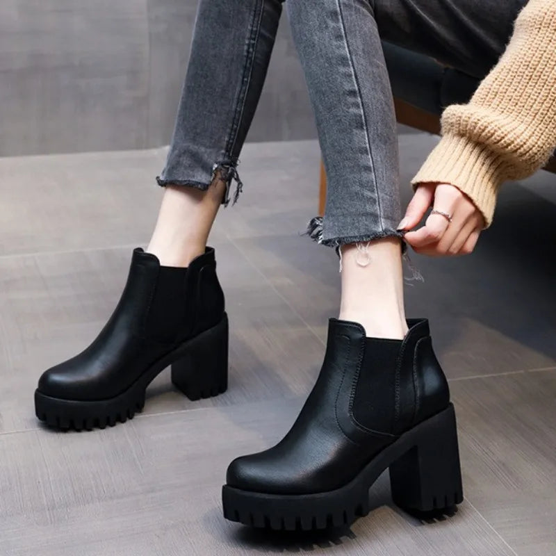 Botas Mujer Alta Calidad Casual - Suela Gruesa Tacón Alto Negro Trabajo