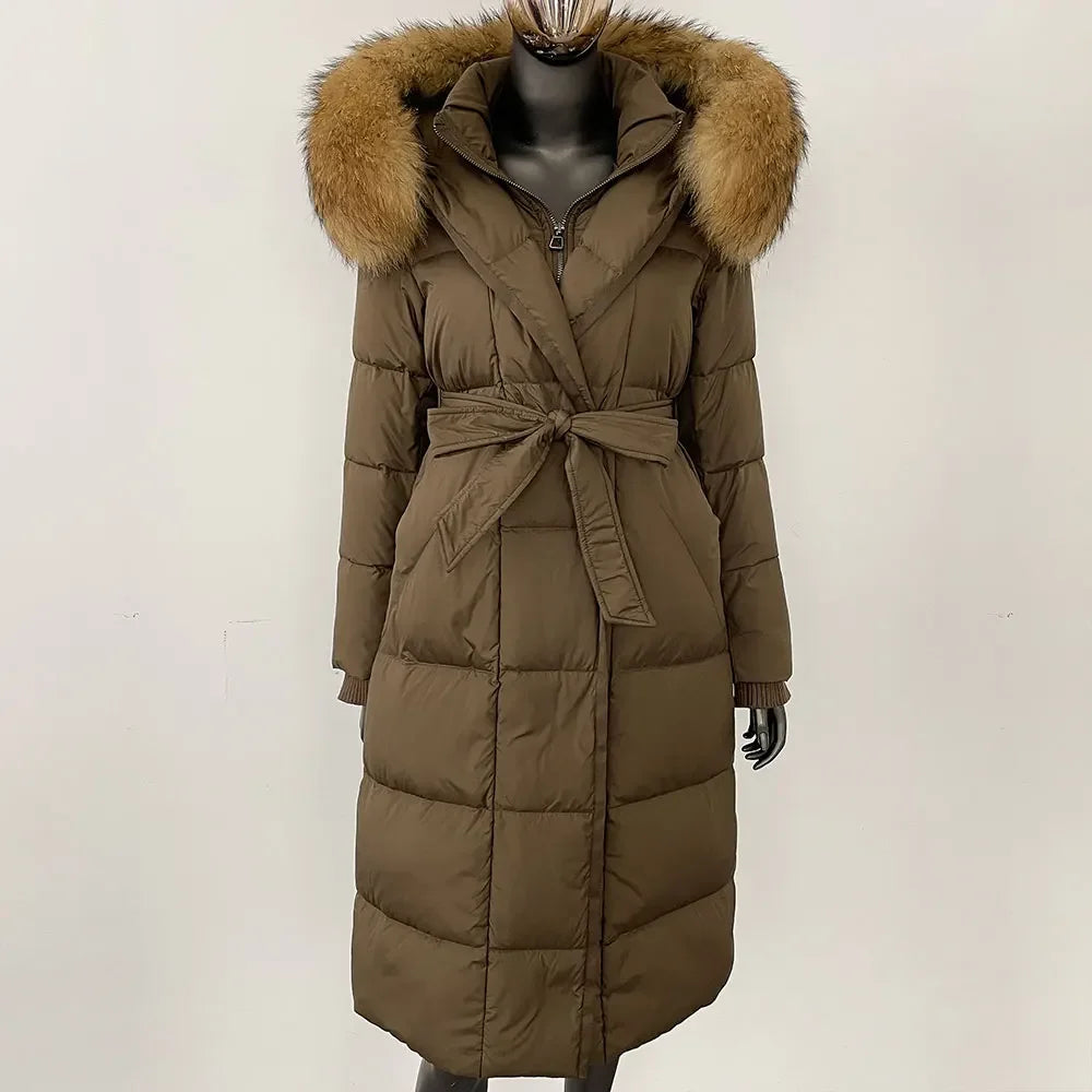 Abrigo Mujer Plumas Pato Piel Mapache - Chaqueta Larga Invierno Lujo