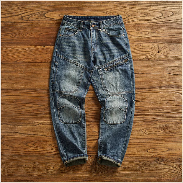 Vaqueros Moto Vintage Americanos - Jeans Cargo Parches Pesados Estilo Retro