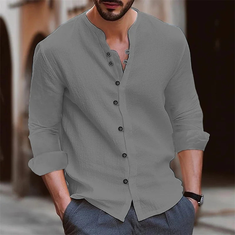 Camisa Hombre Cuello Mao Slim Fit - Fashion Casual Color Sólido Tops Outdoor Shopping S-3XL