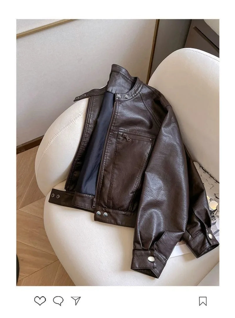 Chaqueta Cuero PU Americana - Chaqueta Locomotora Cuello Alto 2025