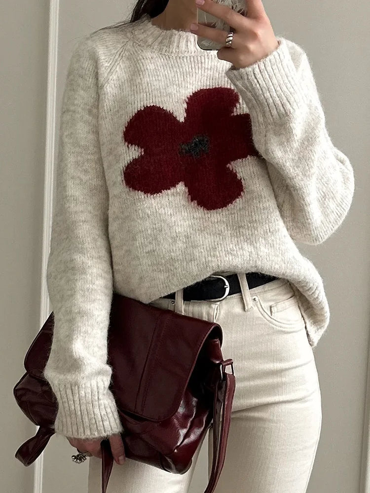 Jersey Mujer Invierno Flores Gris - Punto Holgado Cálido Vintage