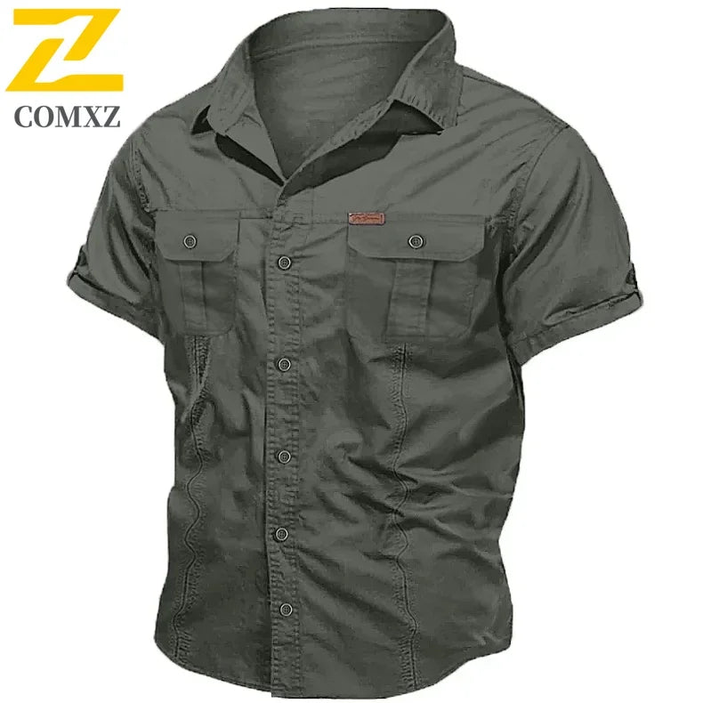 Camisa Hombre Trabajo Cargo 2025 - 100% Algodón Manga Corta Multi-Bolsillos Pesca Caza Verano