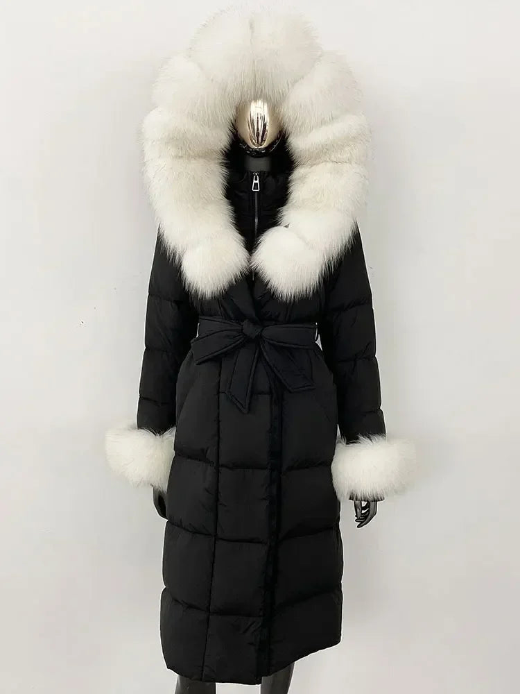 Abrigo Mujer Plumas Pato Piel Mapache - Chaqueta Larga Invierno Lujo