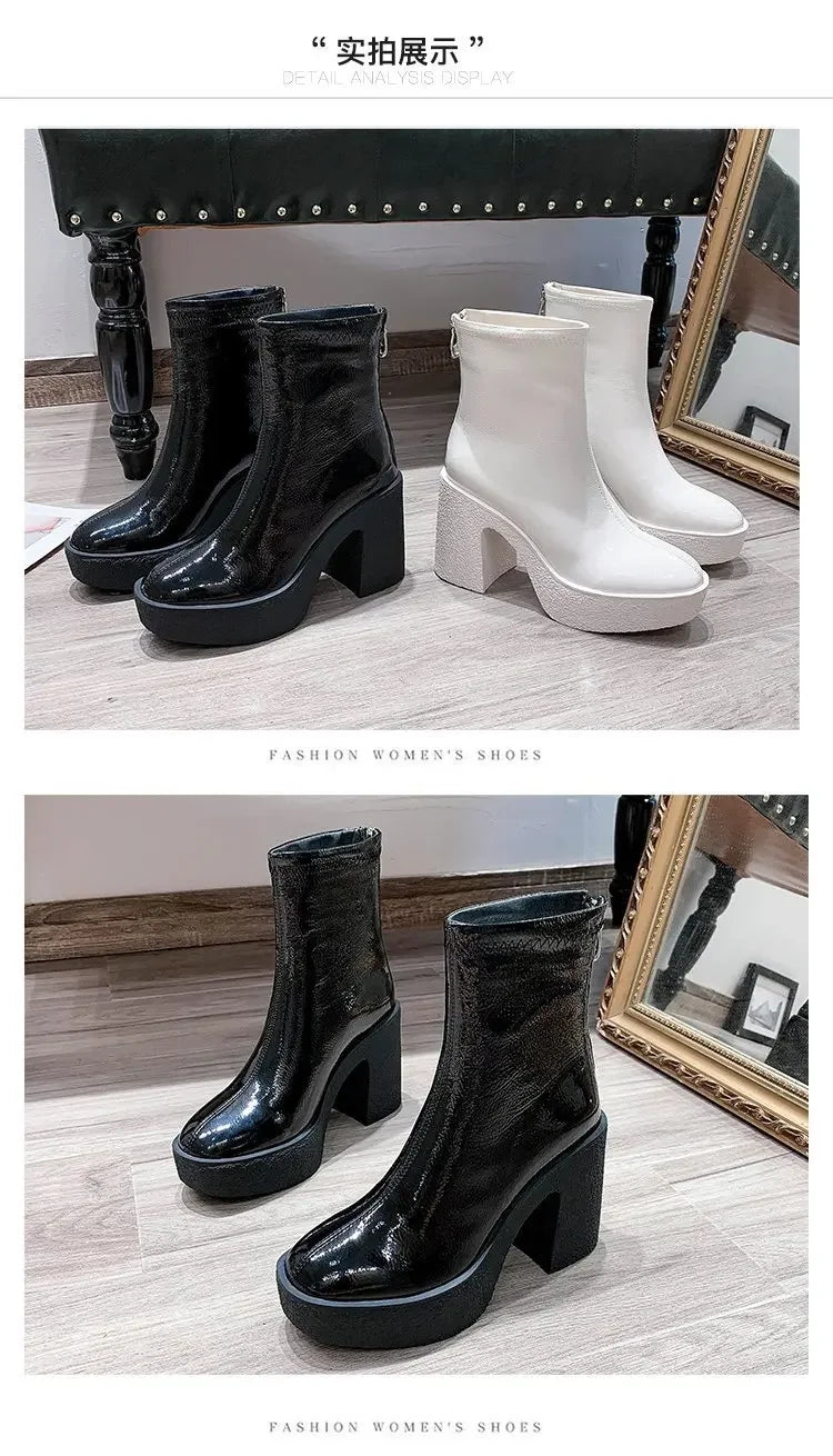 Botas Tobillo Mujer 2025 Plataforma - Cuero Tacón Alto Diseñador Goth