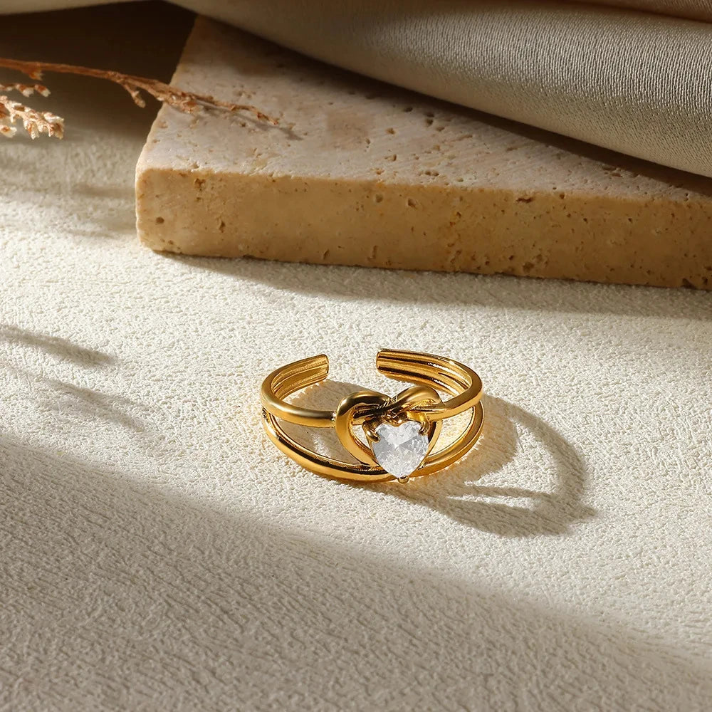 Anillo Corazón Circonita Mujer - Acero Inoxidable Dorado Boda