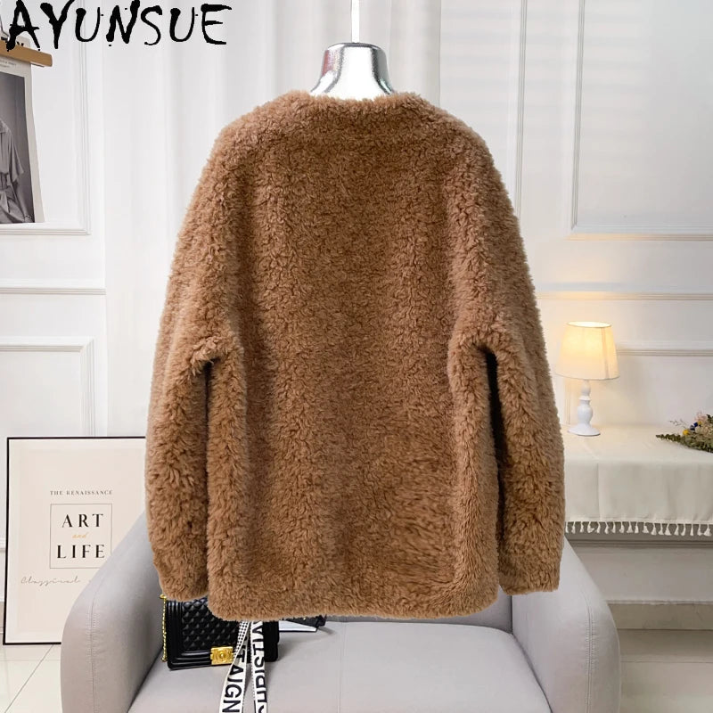 Chaqueta Lana Mujer Natural - Chaqueta Cordero Cuello V Media Largo 2025