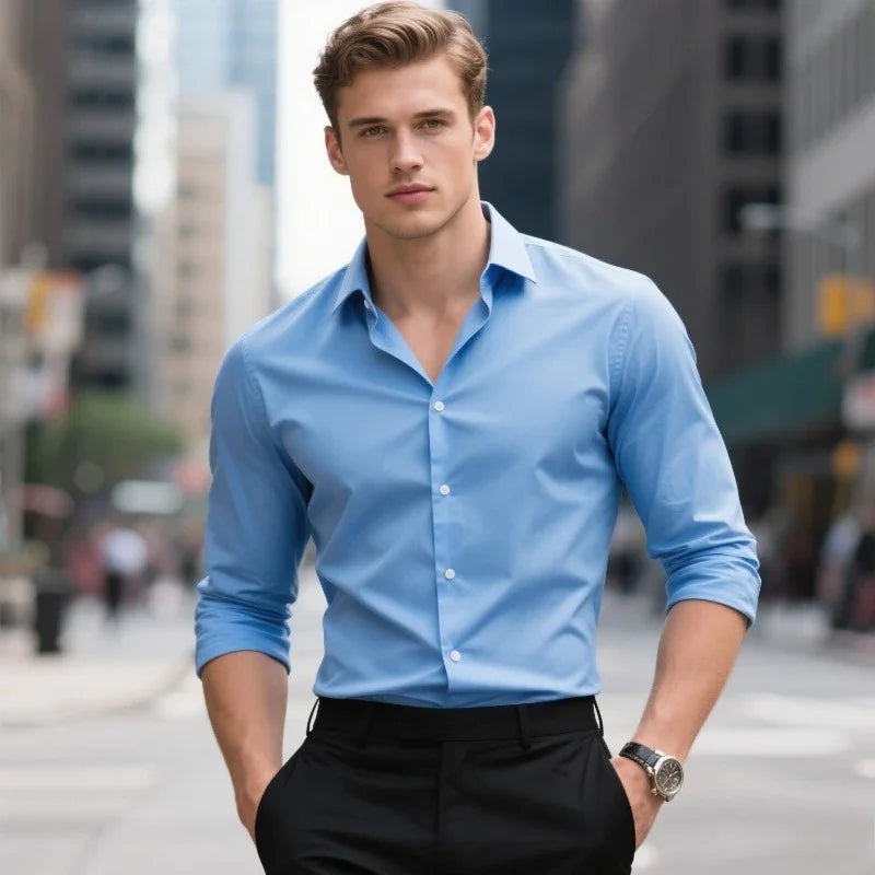 Camisa Formal Hombre Tejido Elástico | Manga Larga Elegante Oficina