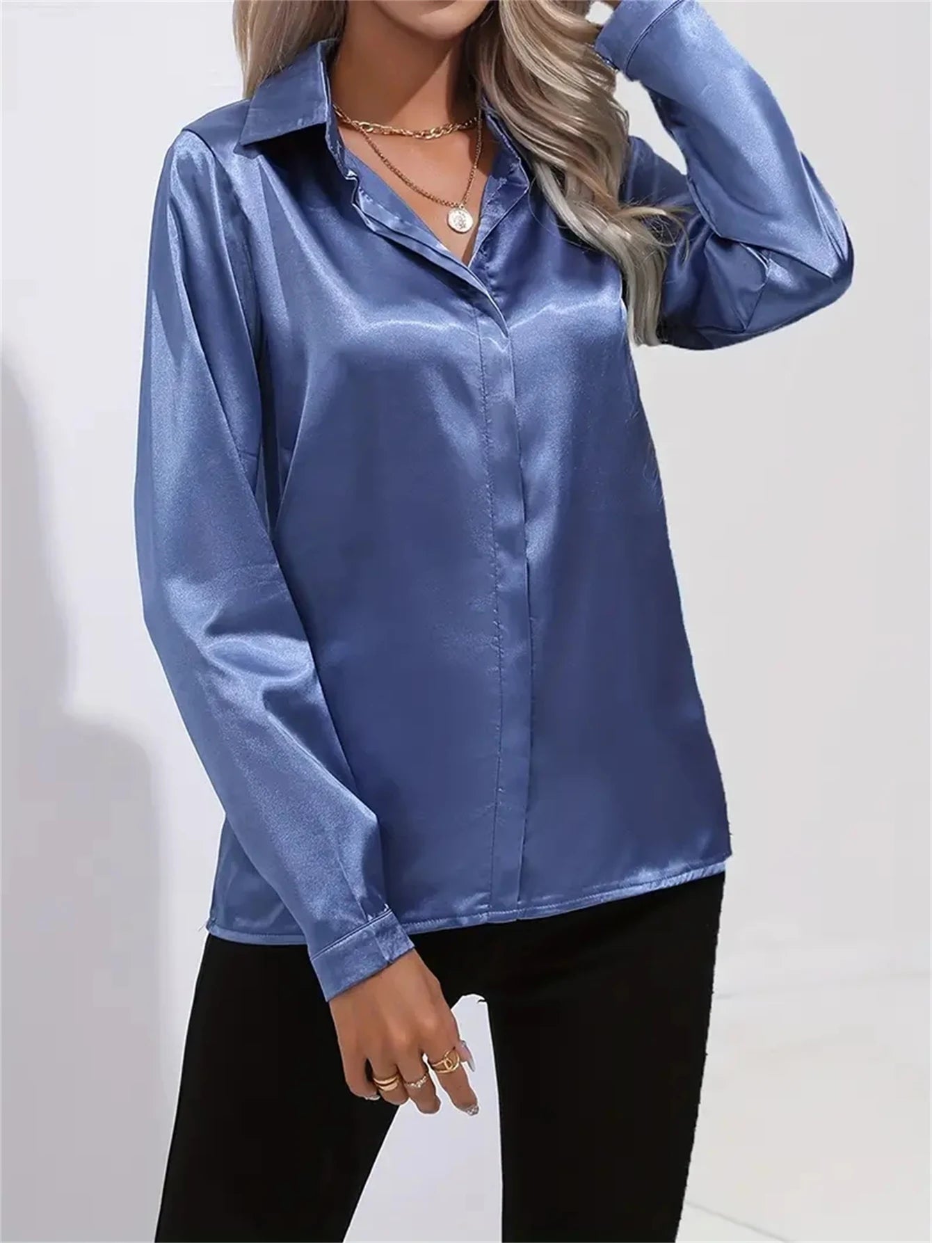 Camisa Satén Mujer Oficina - Blusa Cuello Botón Manga Larga