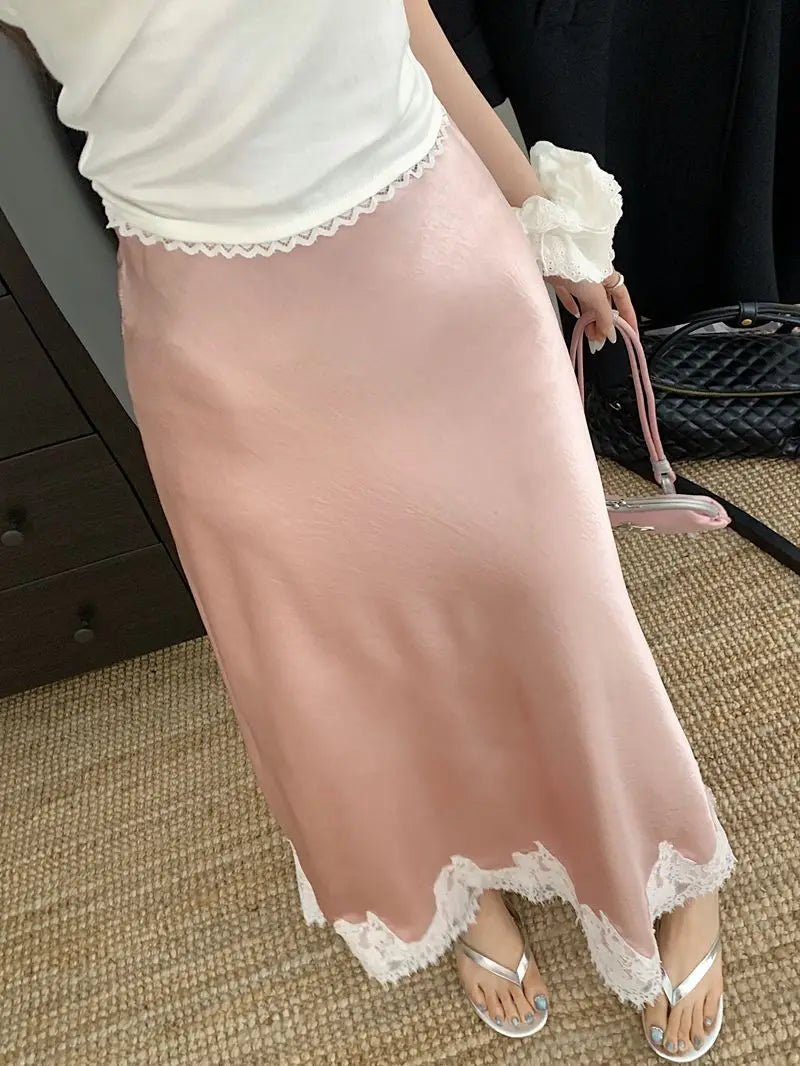 Falda Satén Mujer Larga Elegante - Falda Línea A Encaje Cintura Alta Verano