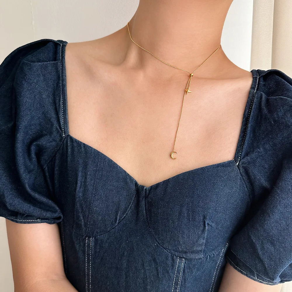 Collar Luna Estrellas Mujer - Acero Inoxidable Dorado Flecos Romántico