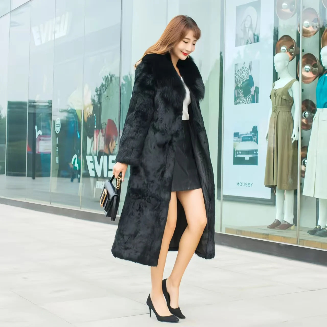 Abrigo Piel Conejo Rex Mujer - Abrigo Largo Cuello Zorro Fashion Invierno