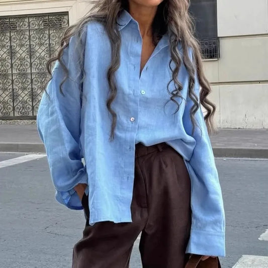 Camisa Mujer Verano Oficina - Blusa Manga Larga Solapa Elegante