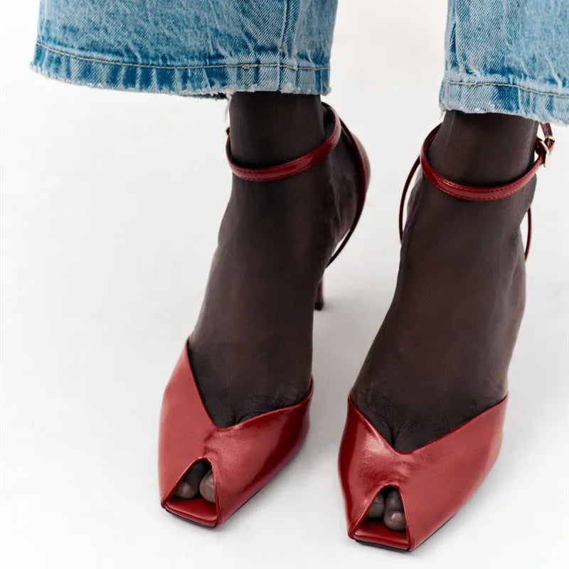 Sandalias Piel Mujer Rojas - Zapatos Tacón Alto Correa Tobillo Boda Elegantes