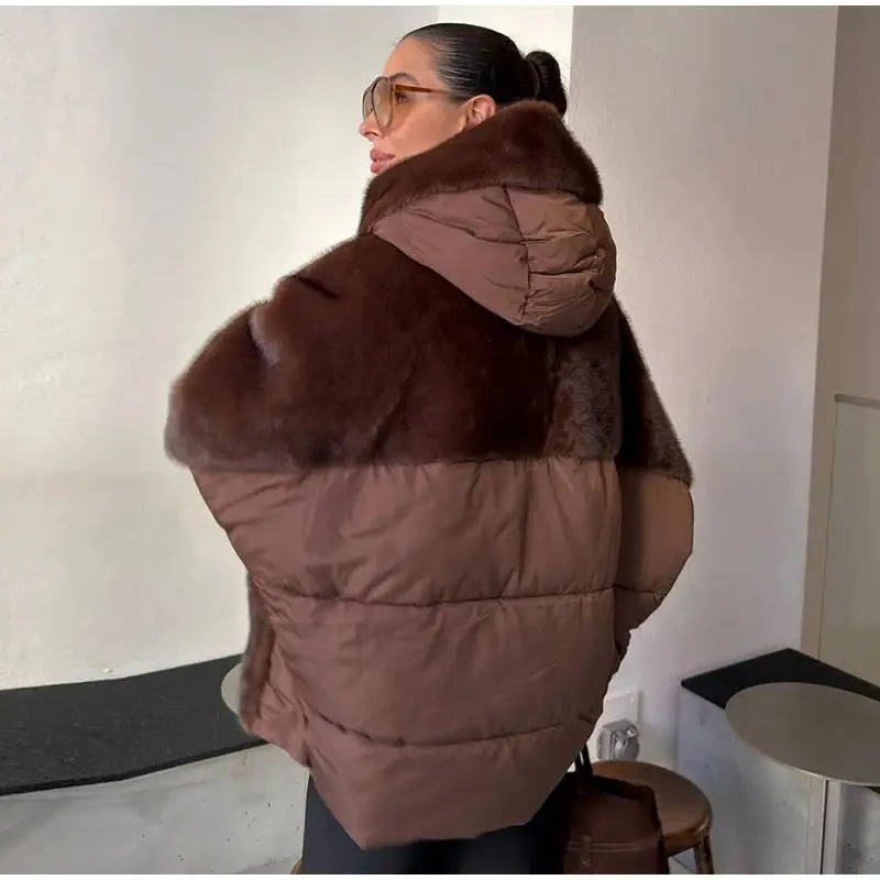 Abrigo Mujer Capucha Patchwork - Abrigo Manga Tejida Oversize 2025