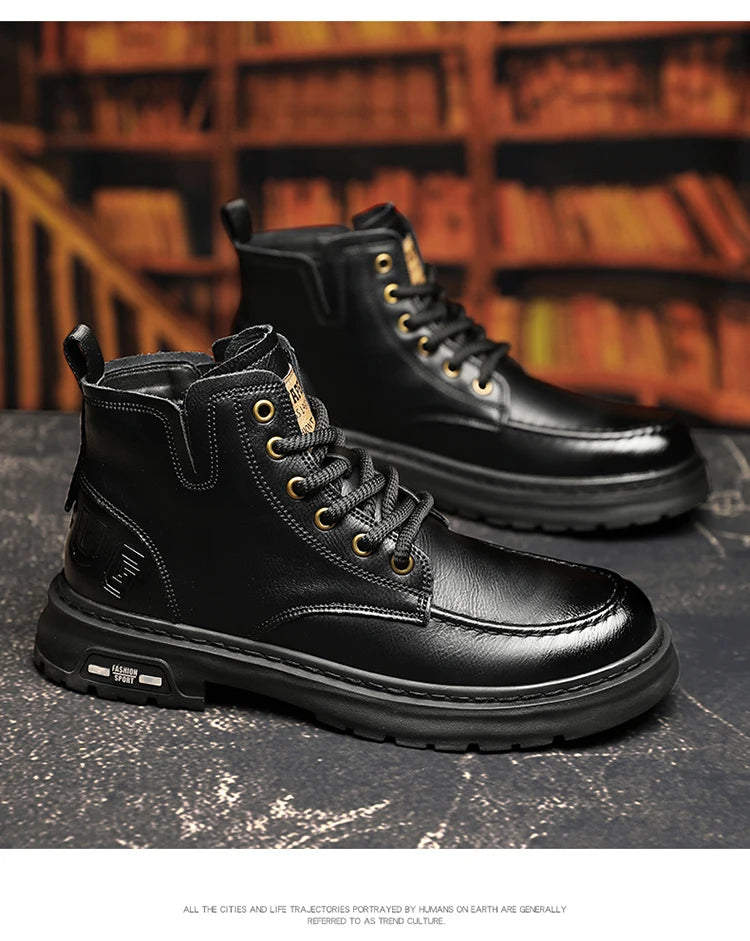 Botas Hombre Motocicleta Outdoor - Botines Casual Plataforma Cordones Marrón Negro