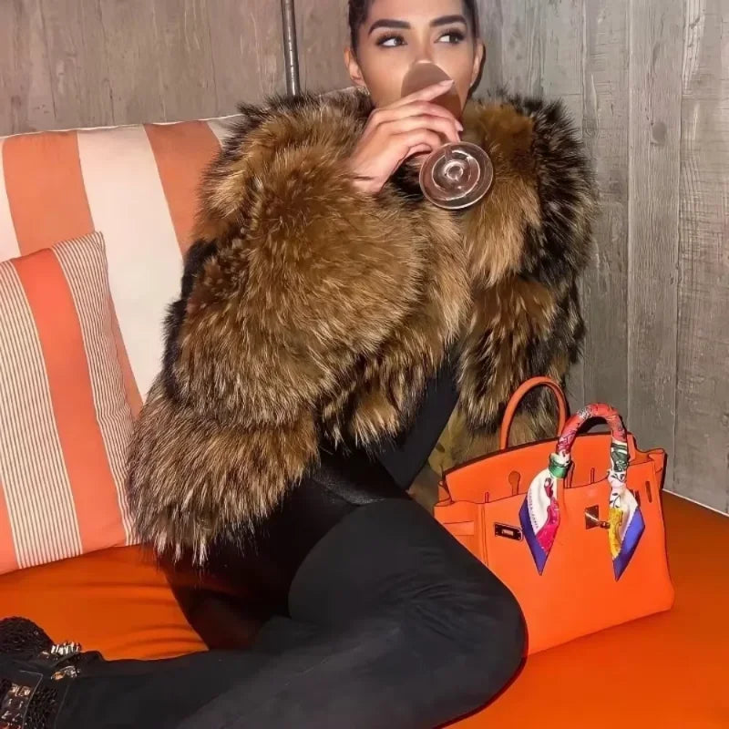 Abrigo Piel Zorro Mujer Invierno 2025 - Chaqueta Lujo Mapache Natural