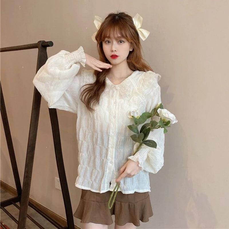 Camisa Cuello Peter Pan Mujer Coreana - Blusa Manga Larga Kawaii Primavera