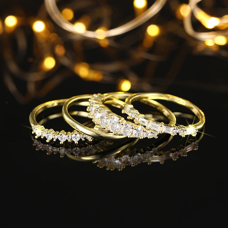 Set 4 Anillos Apilables Circonita - Lujo Trendy Boda Mujer