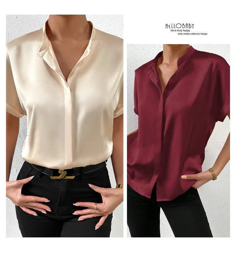 Camisa Satén Mujer Manga Corta - Blusa Oficina Básica 2025