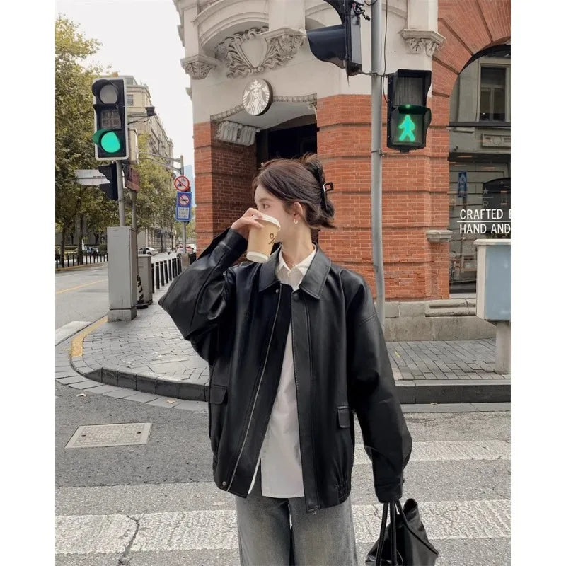 Chaqueta Cuero Mujer Americana - Chaqueta Moto Café Retro 2024