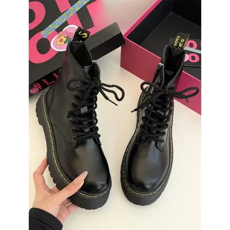 Botas Tobillo Mujer Casual Cuero - Chelsea Punk Goth Plataforma Negro