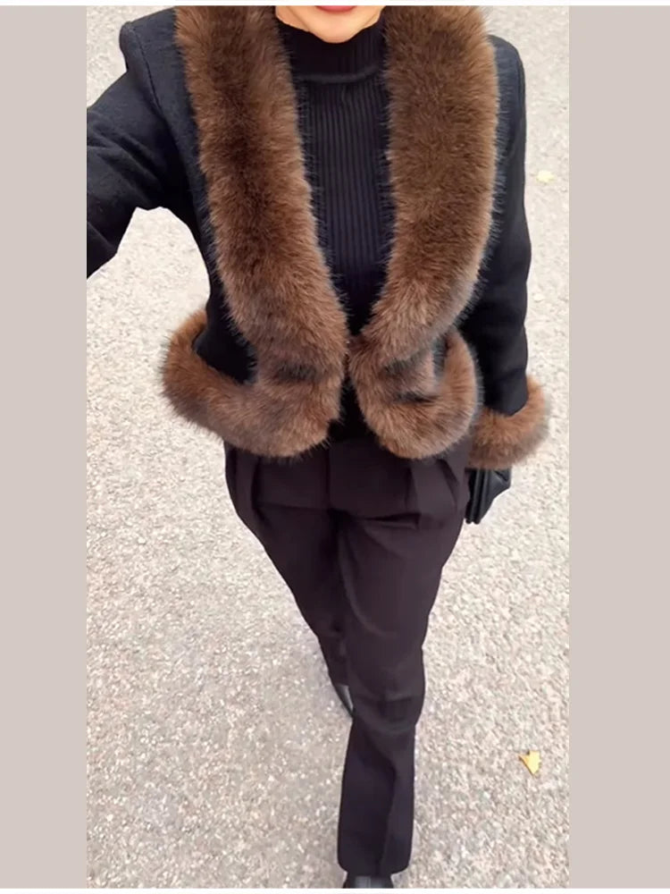 Abrigo Mujer Elegante Cuello Piel - Abrigo Patchwork Slim 2025