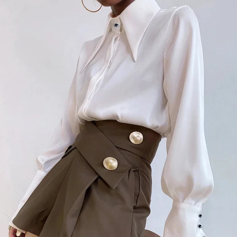 Camisa Satén Seda Mujer Vintage - Blusa Blanca Manga Larga Elegante