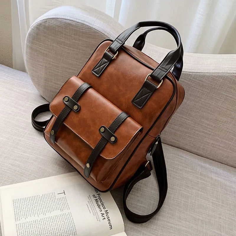 Mochila Cuero Juvenil Unisex - Alta Calidad Adolescentes Escolar Hombro Satchel Color Sólido