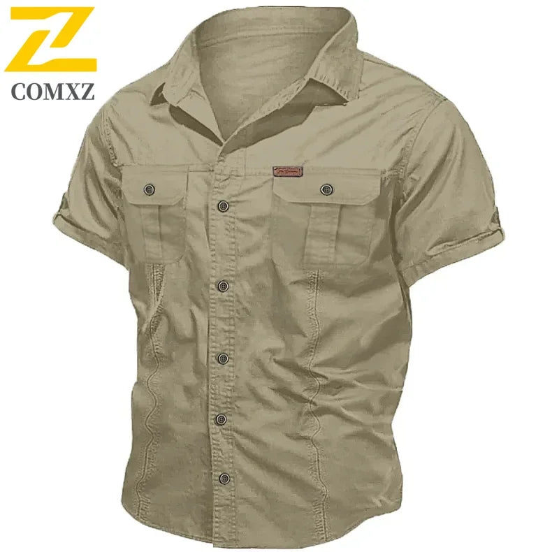 Camisa Hombre Trabajo Cargo 2025 - 100% Algodón Manga Corta Multi-Bolsillos Pesca Caza Verano