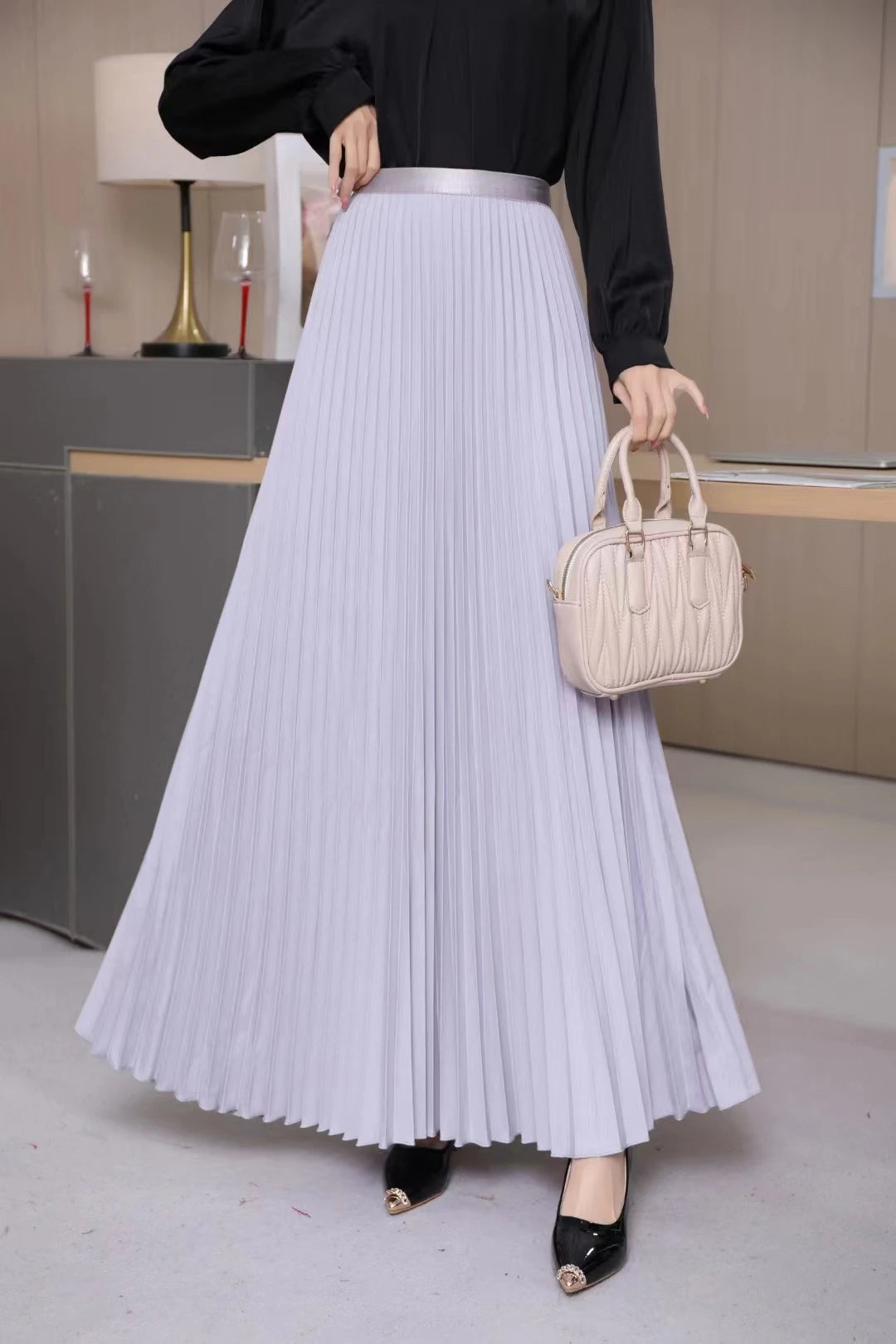 Falda Plisada Mujer Elegante 2024 - Falda Midi Cintura Alta Negra
