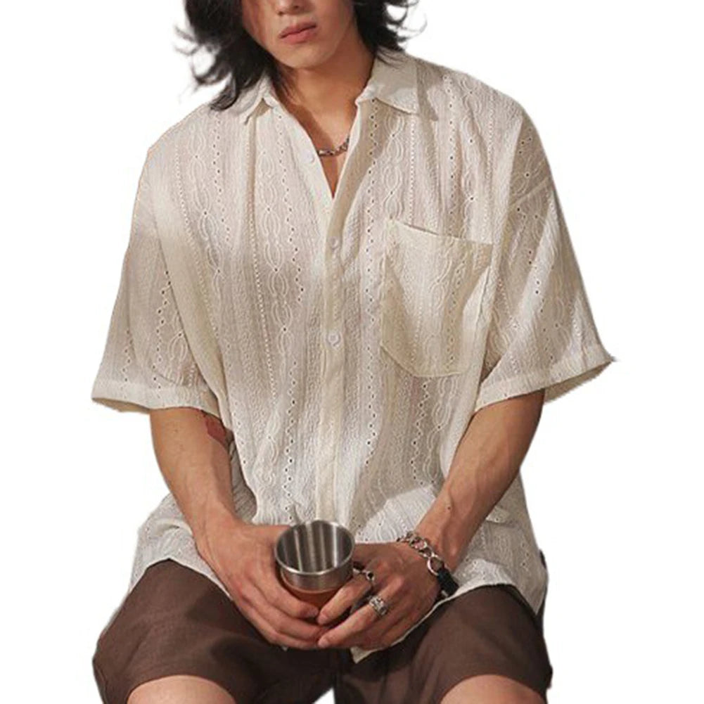 Camisa Hombre Casual Suelta Calada Manga Corta - Bolsillos Retro Fashion Vacaciones Diario