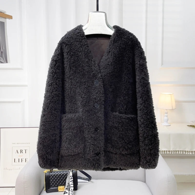 Chaqueta Lana Mujer Natural - Chaqueta Cordero Cuello V Media Largo 2025