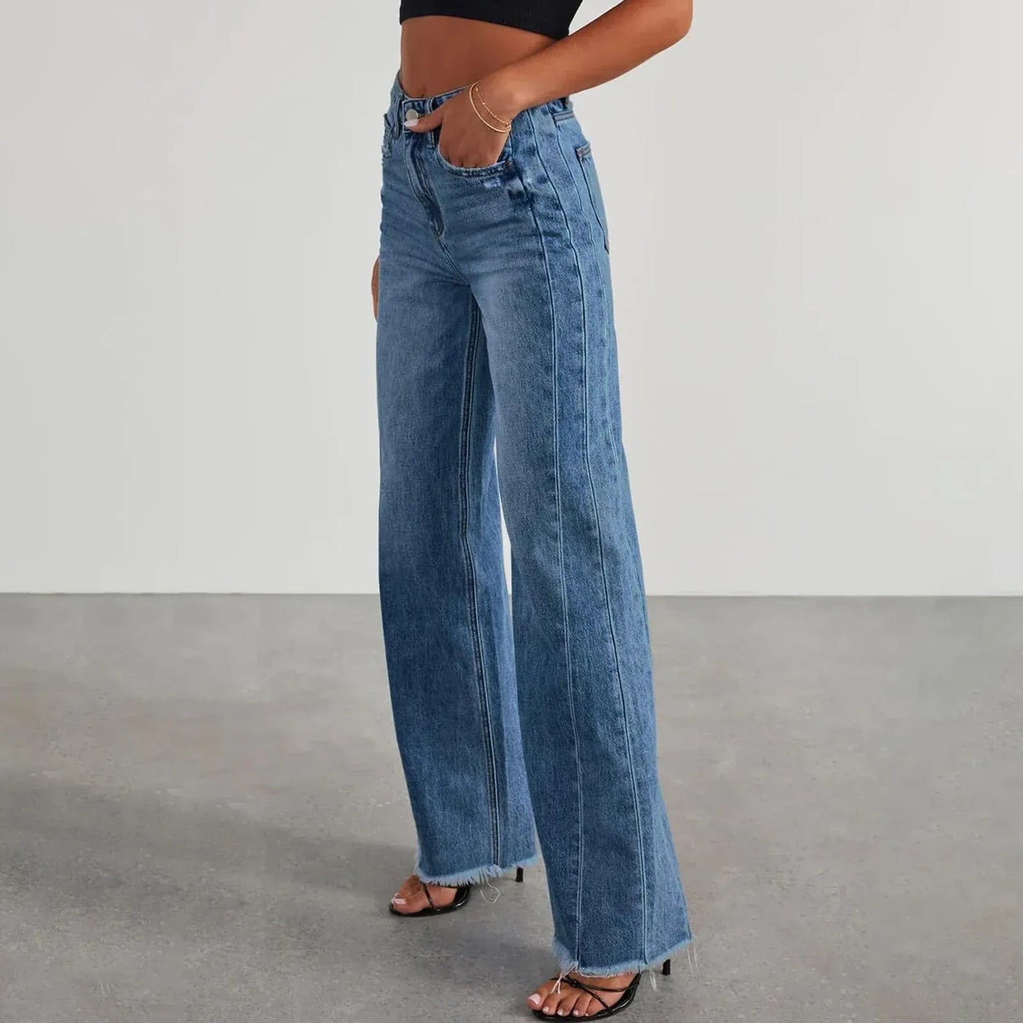 Jeans Mujer Cintura Alta Pierna Ancha - Pantalón Denim Elegante