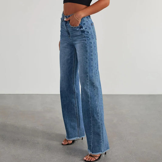 Jeans Mujer Cintura Alta Pierna Ancha - Pantalón Denim Elegante