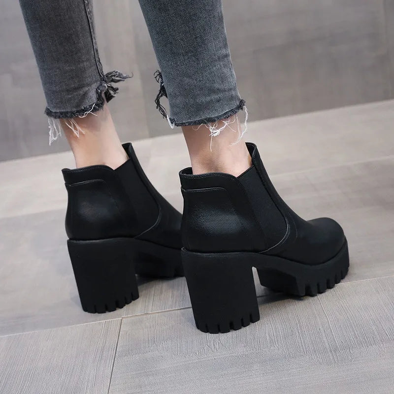 Botas Mujer Alta Calidad Casual - Suela Gruesa Tacón Alto Negro Trabajo