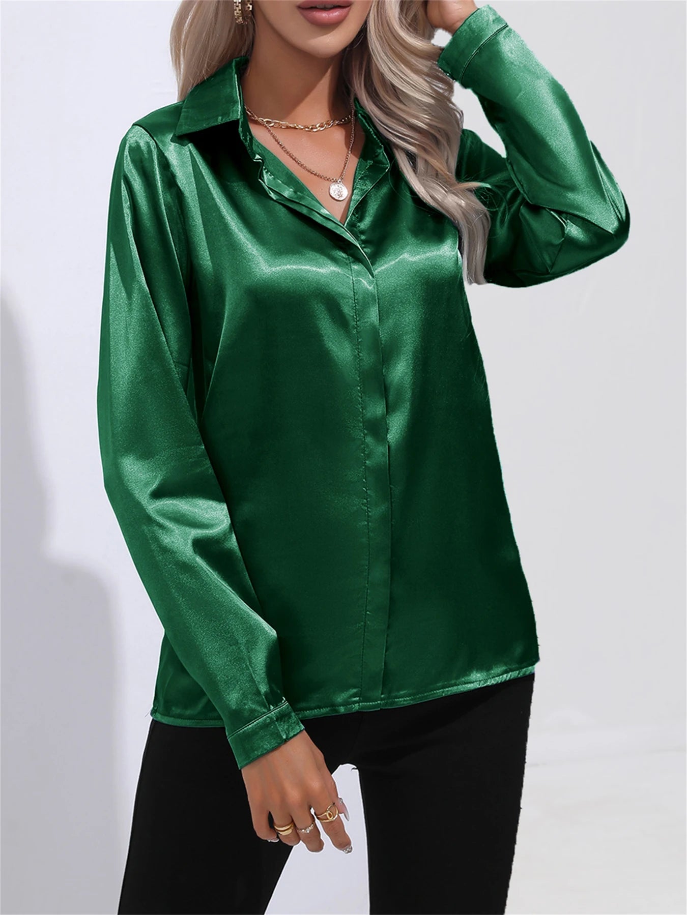Camisa Satén Mujer Oficina - Blusa Cuello Botón Manga Larga