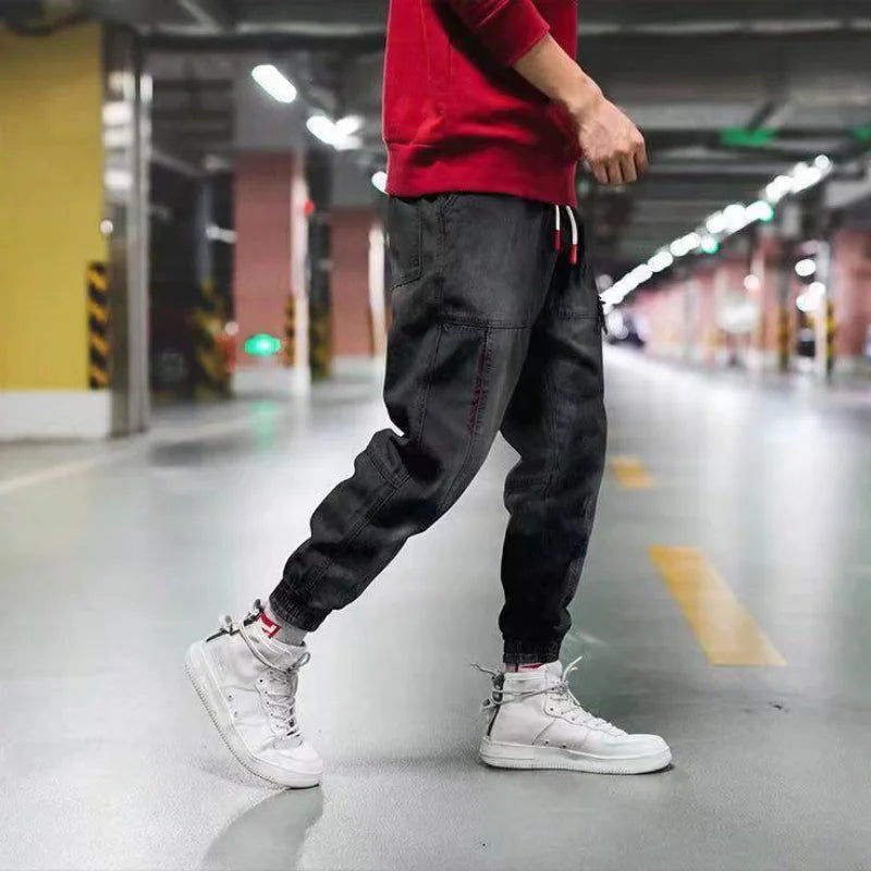 Vaqueros Harem Hombre Azul Claro - Jeans Cargo Sueltos Retro Puños Elásticos Talla Grande