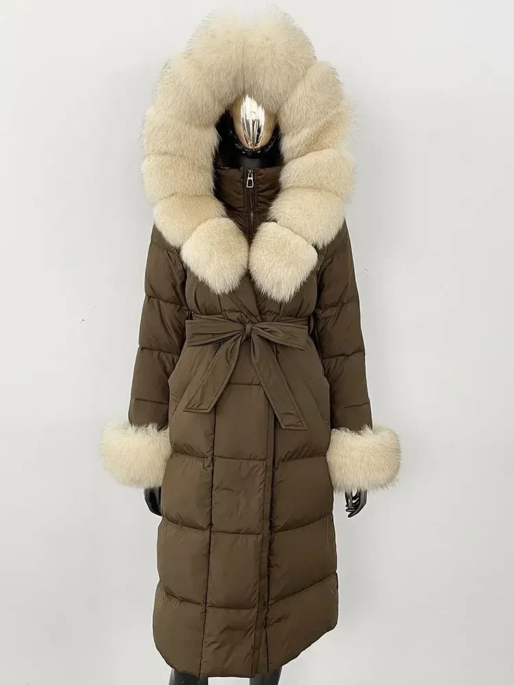 Abrigo Mujer Plumas Pato Piel Mapache - Chaqueta Larga Invierno Lujo