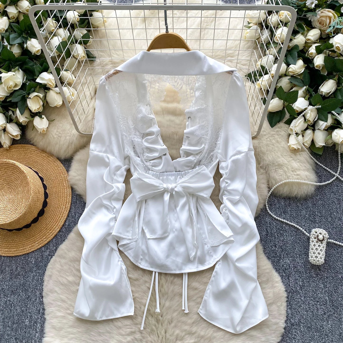 Blusa Mujer Sexy Encaje 2025 - Camisa Satén Cuello V Espalda Descubierta