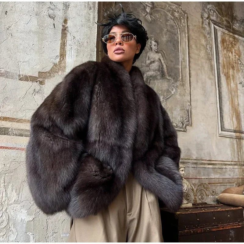 Abrigo Piel Mujer Marrón Medio - Abrigo Solapa Botón Oculto Elegante