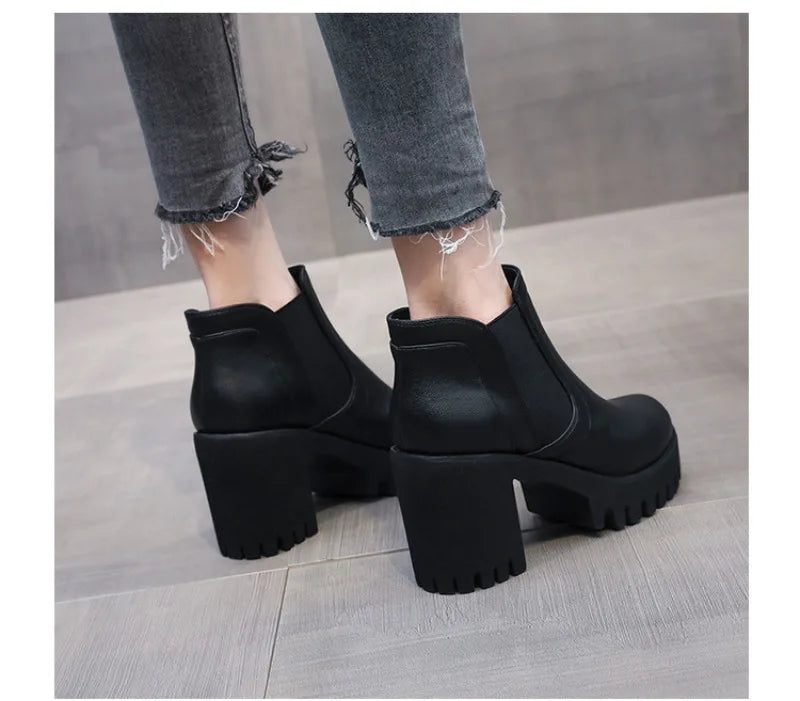 Botas Mujer Alta Calidad Casual - Suela Gruesa Tacón Alto Negro Trabajo