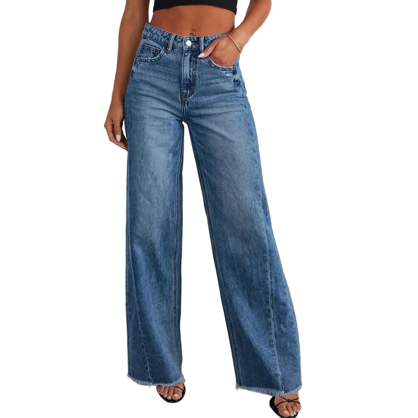 Jeans Mujer Cintura Alta Pierna Ancha - Pantalón Denim Elegante