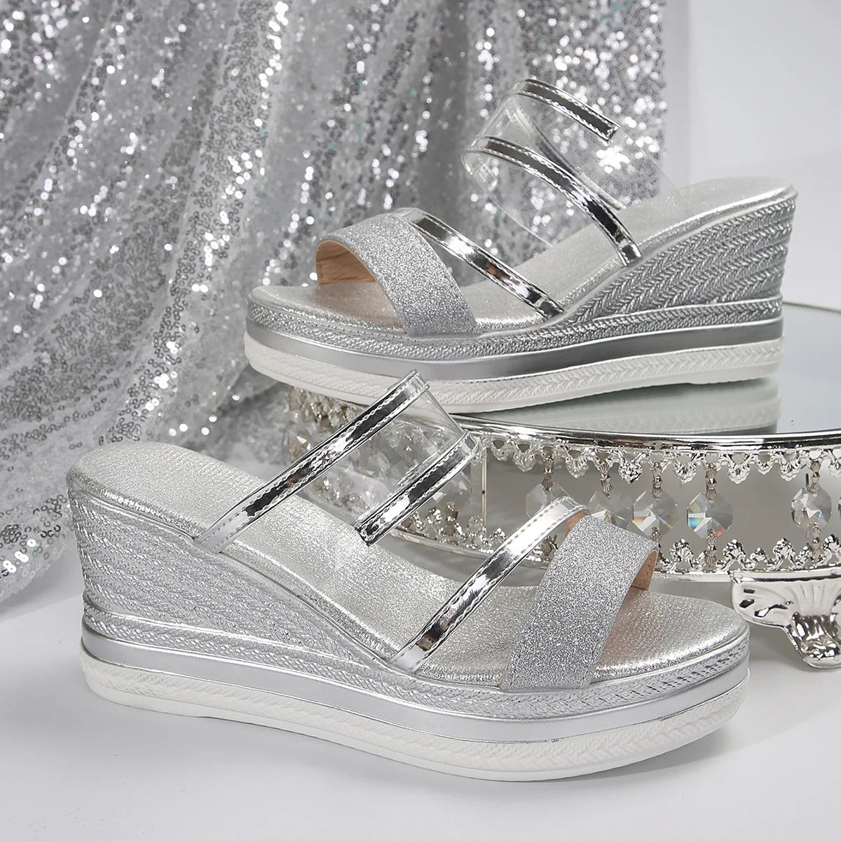 Sandalias Cuña Mujer Luxury Brillantes - Chanclas Plataforma Sexy Tacón Alto Playa