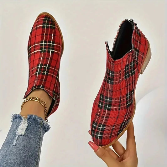 Botas Tobillo Mujer Navidad Cuadros - Chelsea Retro Rojo Plataforma