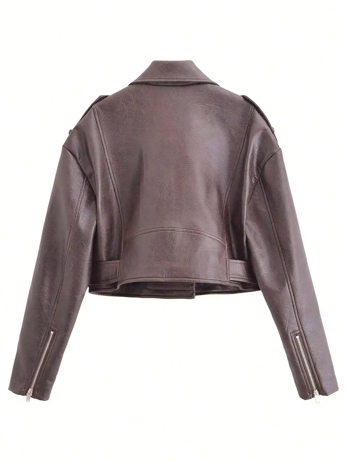 Chaqueta Cuero Mujer Vintage Marrón - Chaqueta Moto PU Cremallera