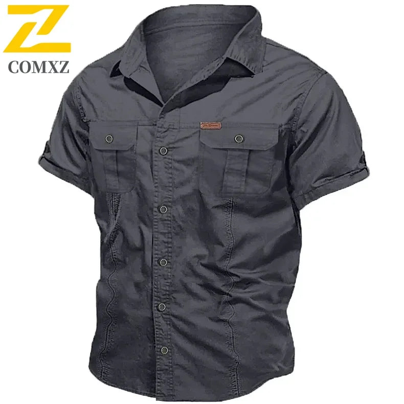 Camisa Hombre Trabajo Cargo 2025 - 100% Algodón Manga Corta Multi-Bolsillos Pesca Caza Verano