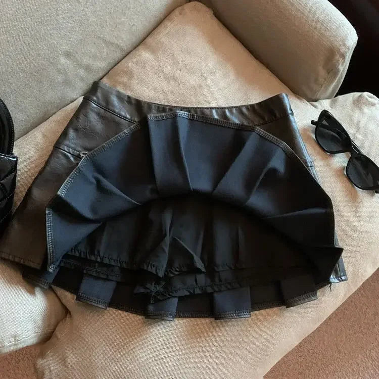 Falda Piel Plisada Mujer Mini - Falda Cuero PU Cintura Alta Roja Negra