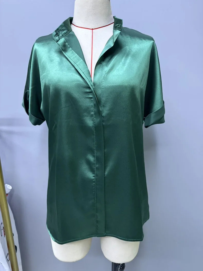 Camisa Satén Mujer Manga Corta - Blusa Oficina Básica 2025