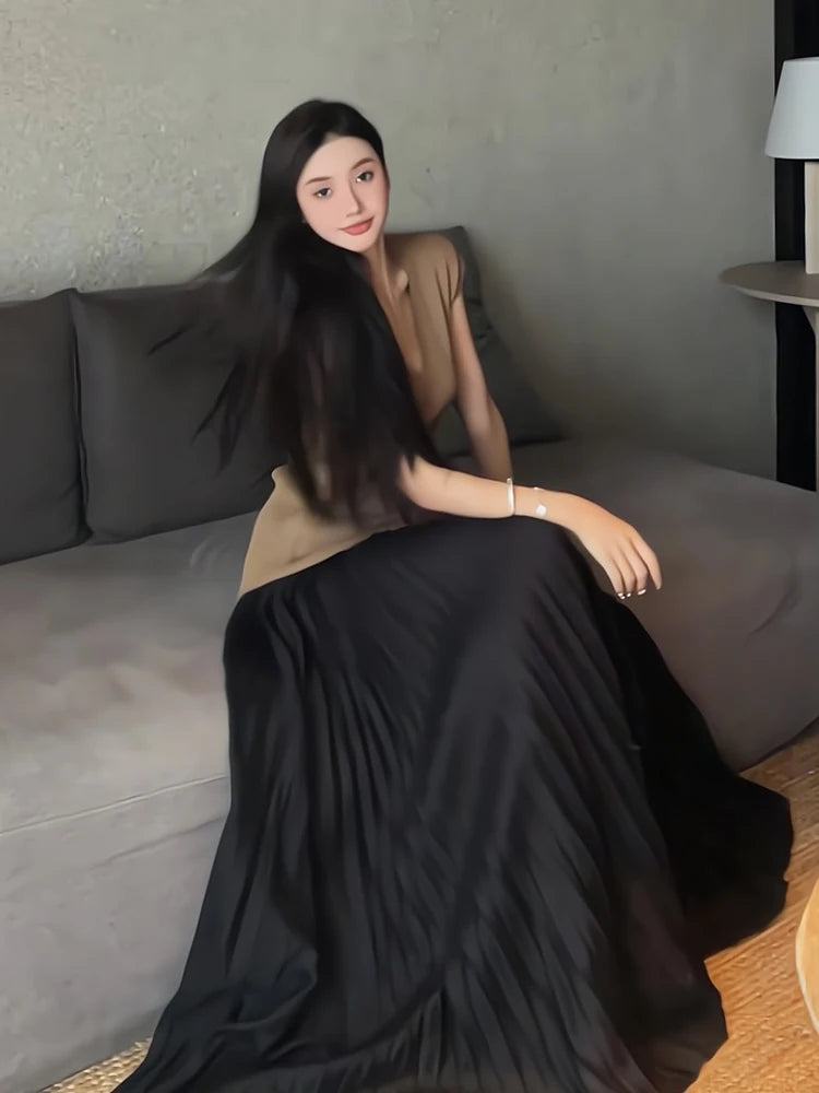 Falda Plisada Mujer Elegante 2024 - Falda Midi Cintura Alta Negra